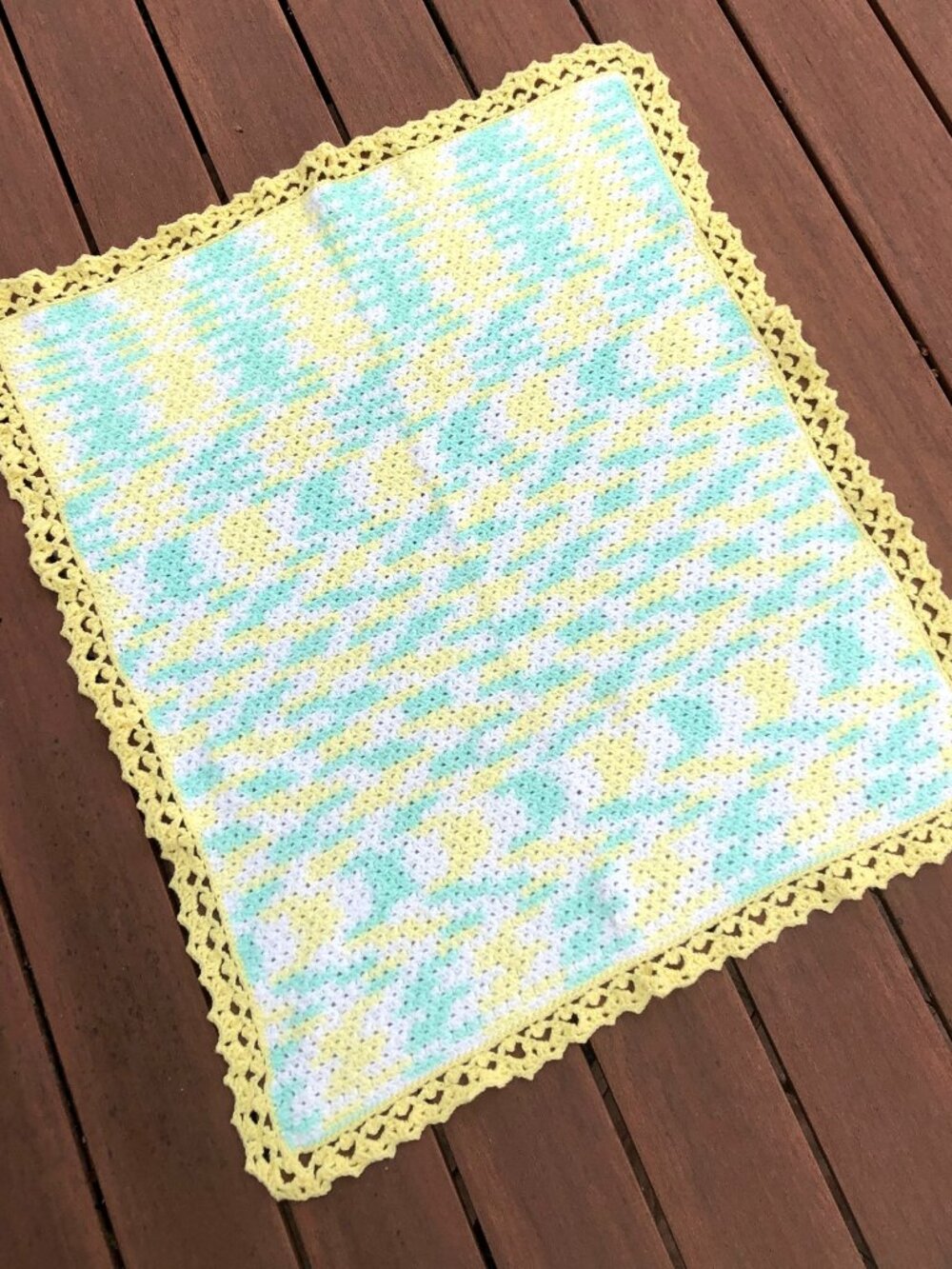 Hand Crocheted and Knit Baby Blanket Pastel Yellow Green 32 x 37